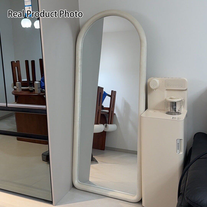 Contemporary Scandinavian Rounded Rectangle Glass MDF Velvet Fabric Full-Length Floor Mirror For Bedroom