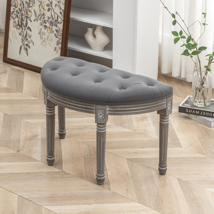 Traditional French Semicircle Rubberwood Linen Fabric Velvet Synthetic Fabric Upholstered Backless Armless Vanity Stool For Bedroom