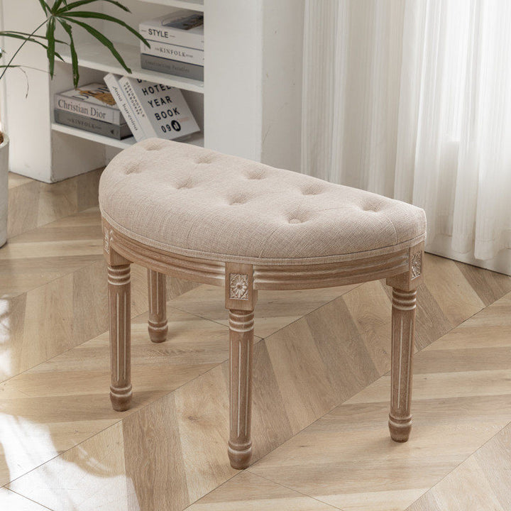 Traditional French Semicircle Rubberwood Linen Fabric Velvet Synthetic Fabric Upholstered Backless Armless Vanity Stool For Bedroom
