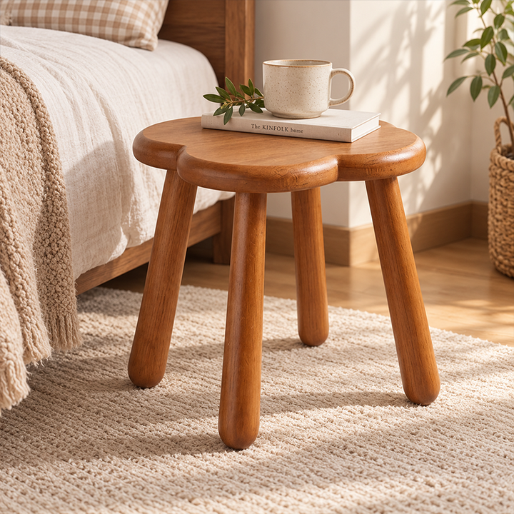Contemporary Scandinavian Rubberwood Kids Clover Shape Square Curved Low Stool Backless For Living Room