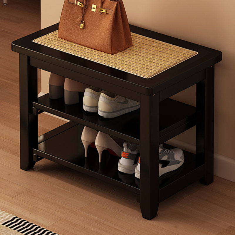 Traditional Japanese Rectangular Rubberwood &amp; Rattan Shoe Bench Armless For Entryways