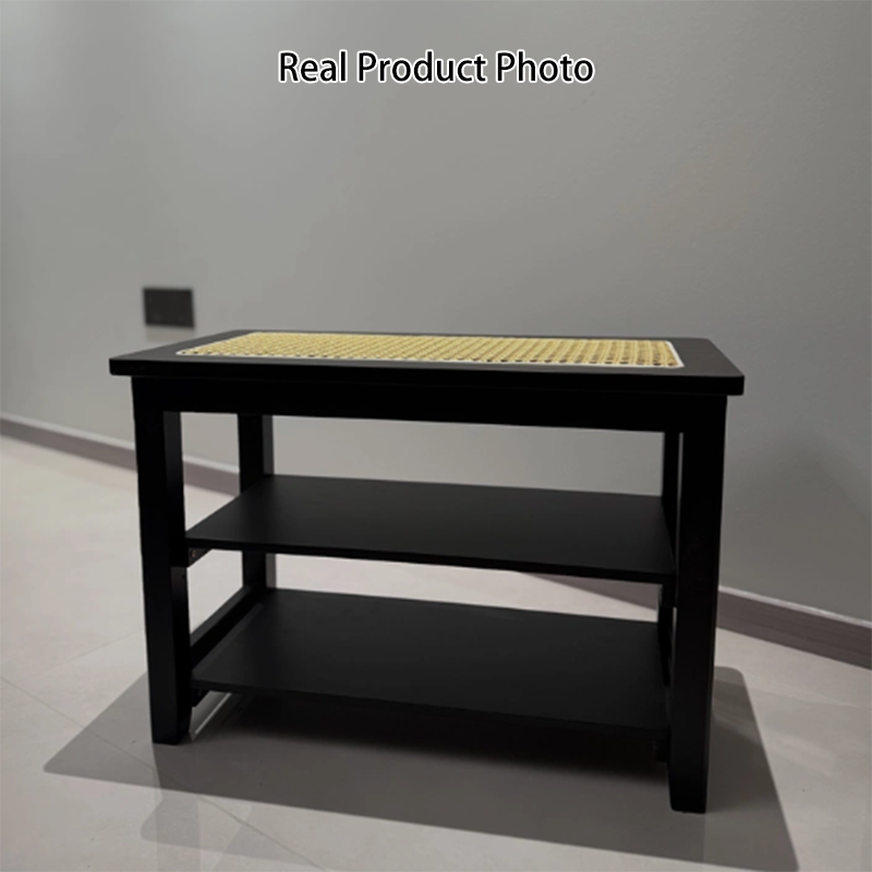 Traditional Japanese Rectangular Rubberwood &amp; Rattan Shoe Bench Armless For Entryways