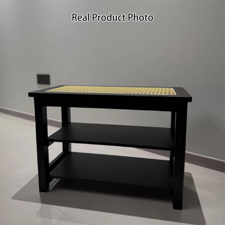 Traditional Japanese Rectangular Rubberwood &amp; Rattan Shoe Bench Armless For Entryways