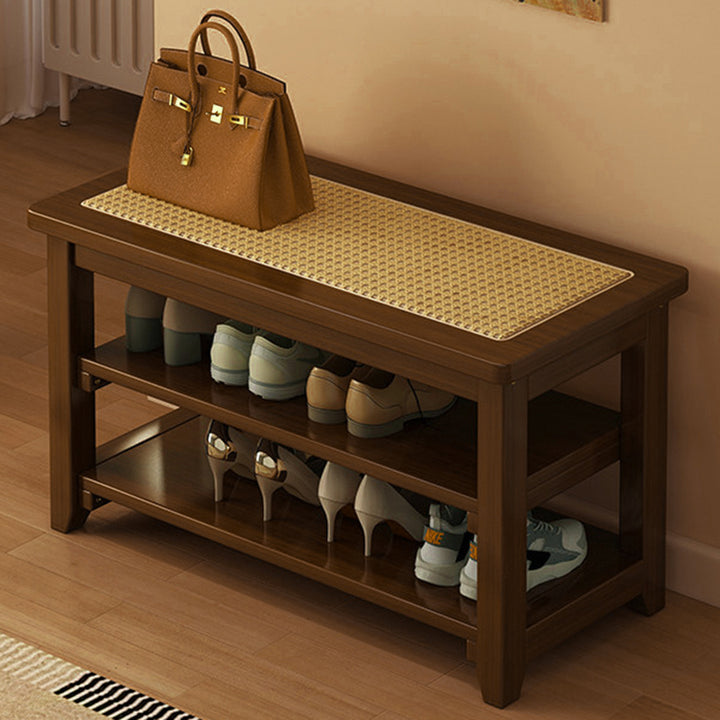 Traditional Japanese Rectangular Rubberwood &amp; Rattan Shoe Bench Armless For Entryways