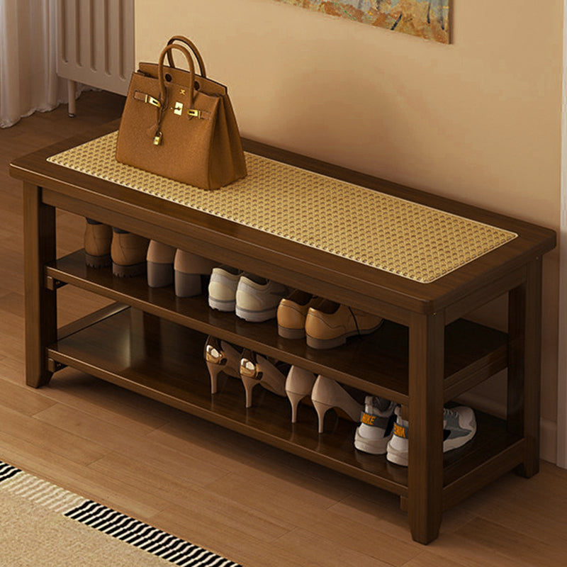 Traditional Japanese Rectangular Rubberwood &amp; Rattan Shoe Bench Armless For Entryways