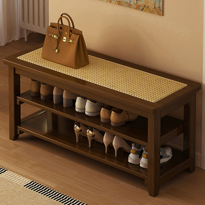 Traditional Japanese Rectangular Rubberwood &amp; Rattan Shoe Bench Armless For Entryways