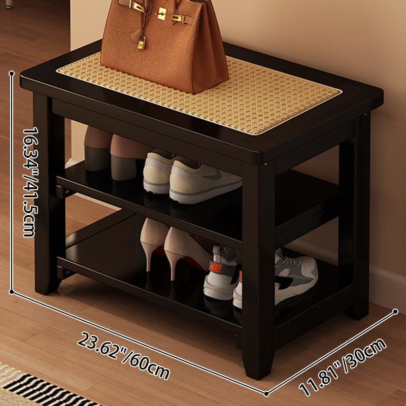 Traditional Japanese Rectangular Rubberwood &amp; Rattan Shoe Bench Armless For Entryways