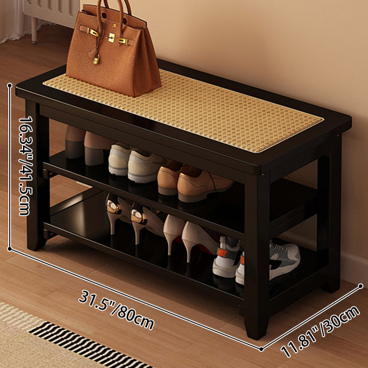 Traditional Japanese Rectangular Rubberwood &amp; Rattan Shoe Bench Armless For Entryways
