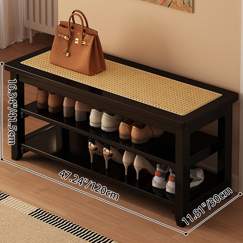 Traditional Japanese Rectangular Rubberwood &amp; Rattan Shoe Bench Armless For Entryways
