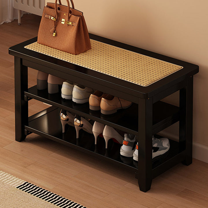 Traditional Japanese Rectangular Rubberwood &amp; Rattan Shoe Bench Armless For Entryways
