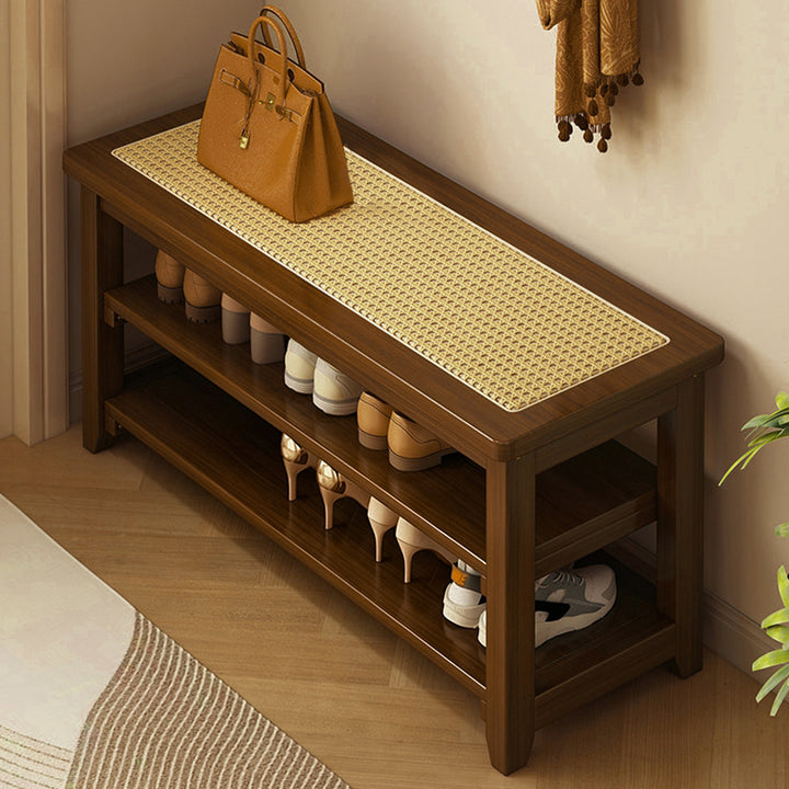 Traditional Japanese Rectangular Rubberwood &amp; Rattan Shoe Bench Armless For Entryways