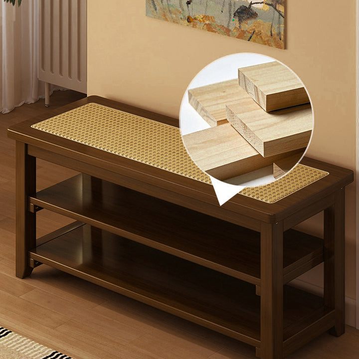 Traditional Japanese Rectangular Rubberwood &amp; Rattan Shoe Bench Armless For Entryways