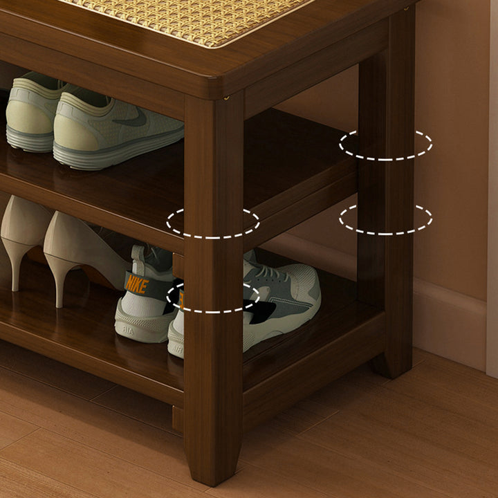 Traditional Japanese Rectangular Rubberwood &amp; Rattan Shoe Bench Armless For Entryways