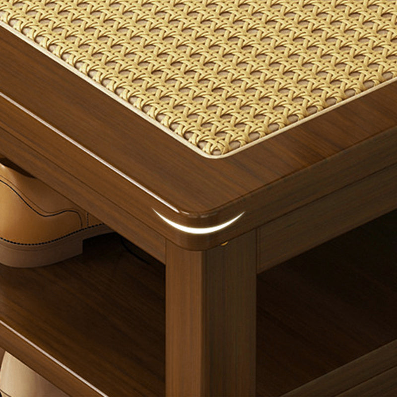 Traditional Japanese Rectangular Rubberwood &amp; Rattan Shoe Bench Armless For Entryways