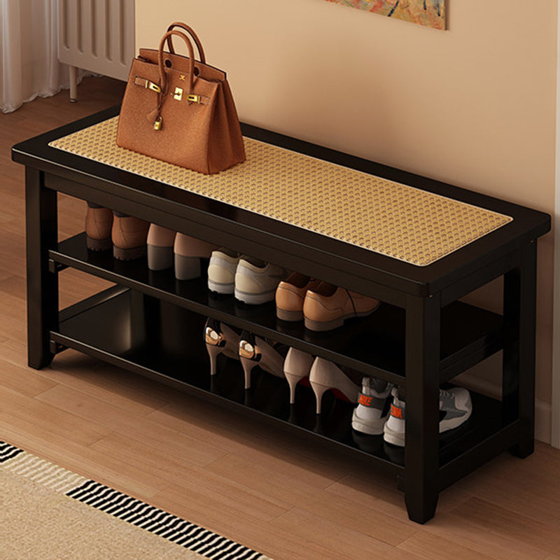Traditional Japanese Rectangular Rubberwood &amp; Rattan Shoe Bench Armless For Entryways