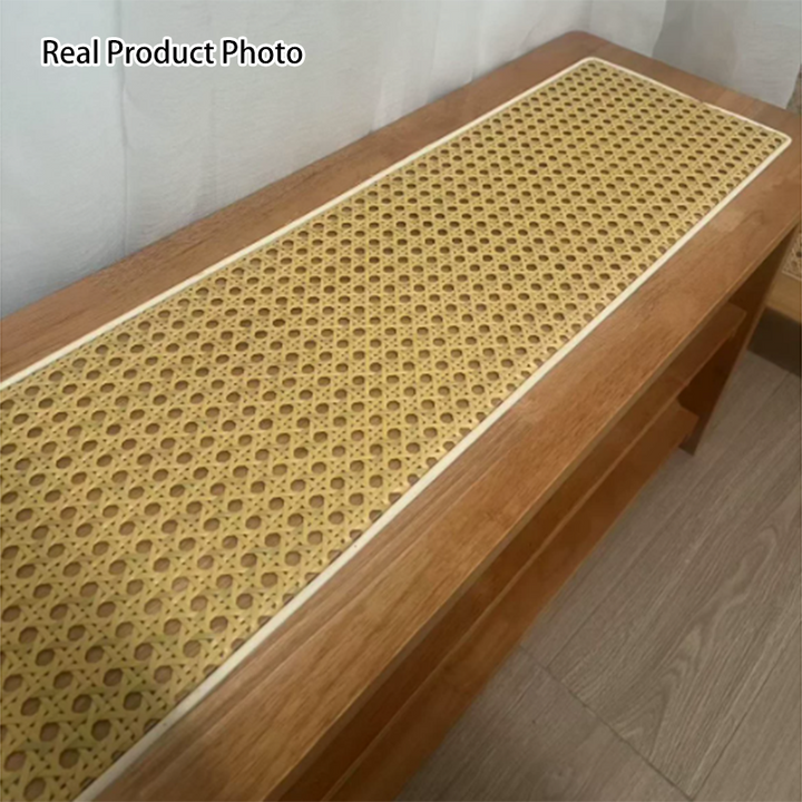 Traditional Japanese Rectangular Rubberwood &amp; Rattan Shoe Bench Armless For Entryways