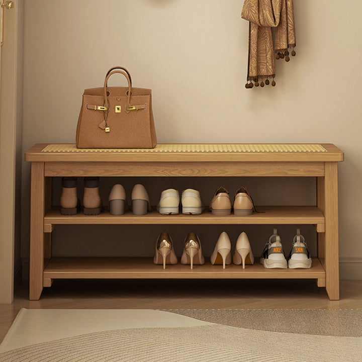 Traditional Japanese Rectangular Rubberwood &amp; Rattan Shoe Bench Armless For Entryways