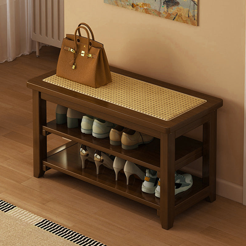 Traditional Japanese Rectangular Rubberwood &amp; Rattan Shoe Bench Armless For Entryways