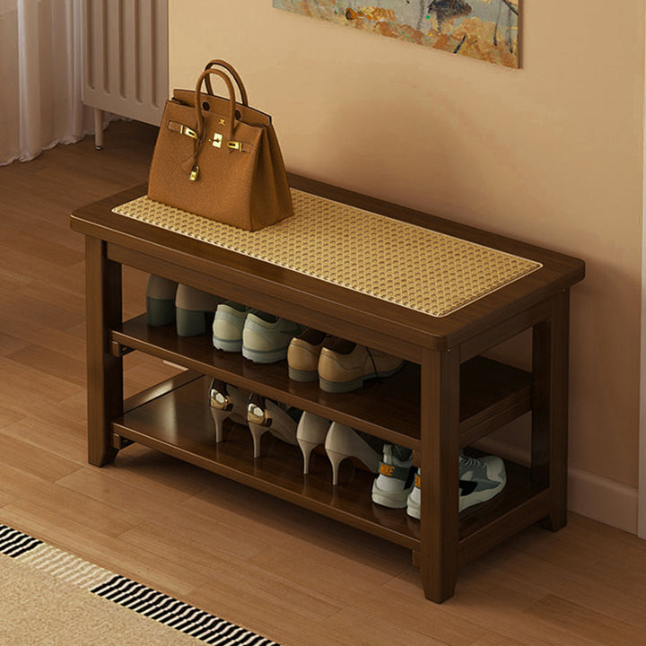Traditional Japanese Rectangular Rubberwood &amp; Rattan Shoe Bench Armless For Entryways