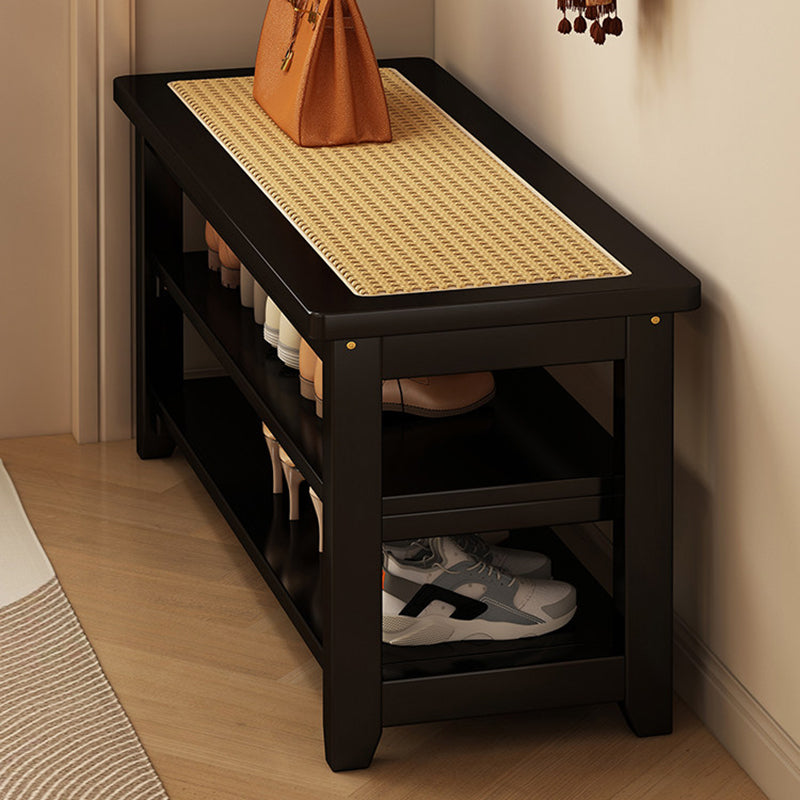 Traditional Japanese Rectangular Rubberwood &amp; Rattan Shoe Bench Armless For Entryways