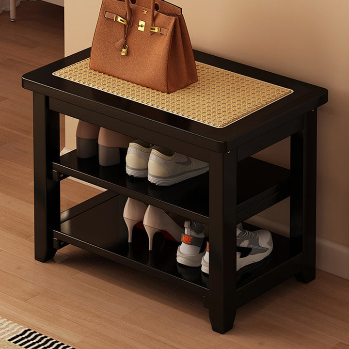 Traditional Japanese Rectangular Rubberwood &amp; Rattan Shoe Bench Armless For Entryways