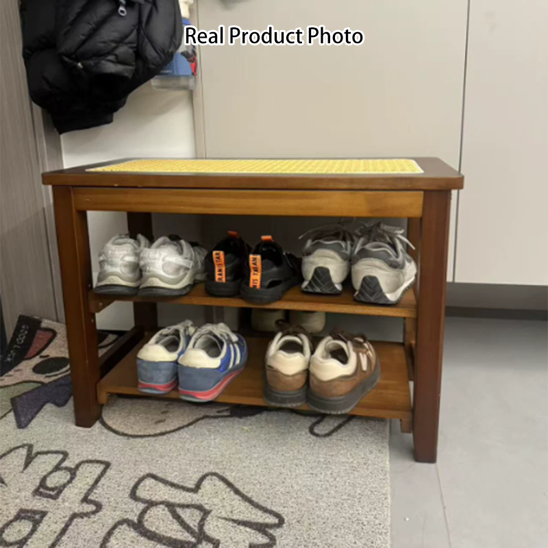 Traditional Japanese Rectangular Rubberwood &amp; Rattan Shoe Bench Armless For Entryways