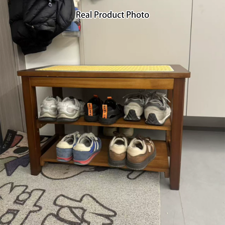 Traditional Japanese Rectangular Rubberwood &amp; Rattan Shoe Bench Armless For Entryways