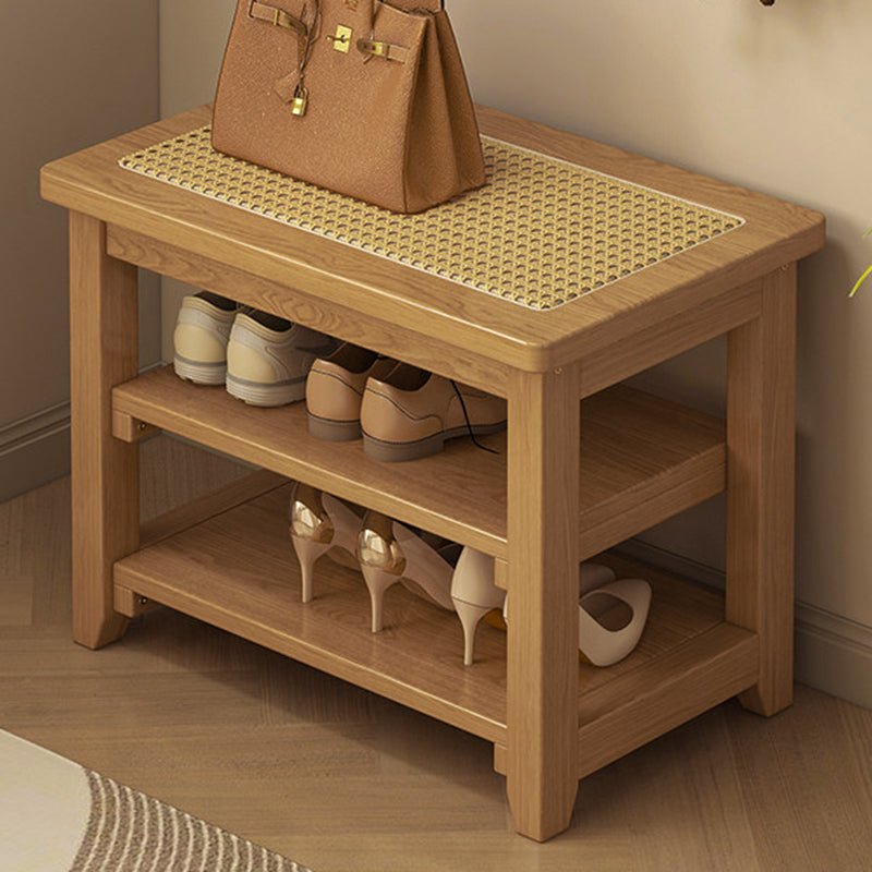 Traditional Japanese Rectangular Rubberwood &amp; Rattan Shoe Bench Armless For Entryways