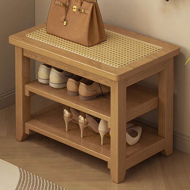 Traditional Japanese Rectangular Rubberwood &amp; Rattan Shoe Bench Armless For Entryways