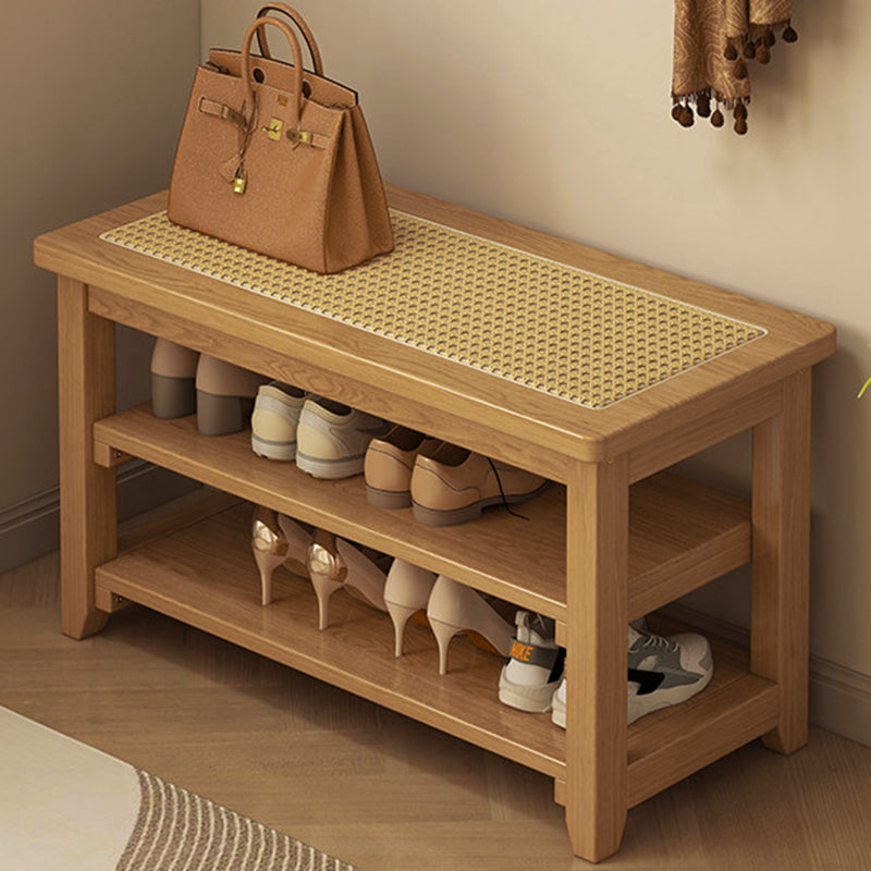 Traditional Japanese Rectangular Rubberwood &amp; Rattan Shoe Bench Armless For Entryways