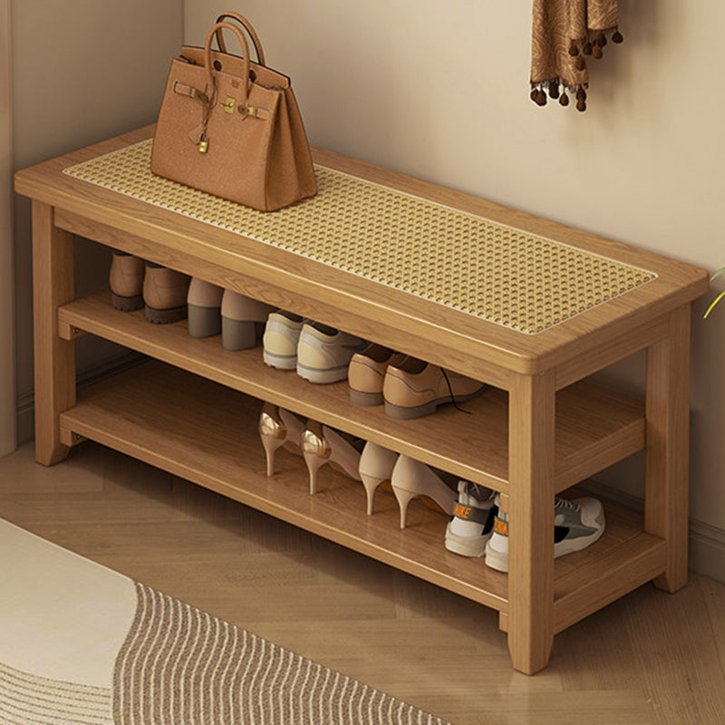 Traditional Japanese Rectangular Rubberwood &amp; Rattan Shoe Bench Armless For Entryways