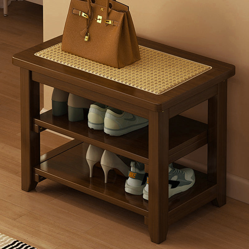 Traditional Japanese Rectangular Rubberwood &amp; Rattan Shoe Bench Armless For Entryways