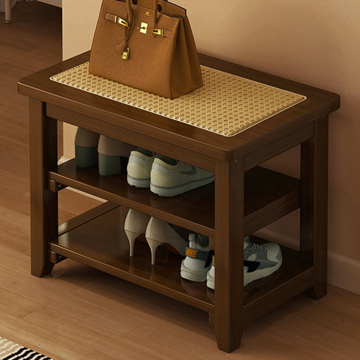 Traditional Japanese Rectangular Rubberwood &amp; Rattan Shoe Bench Armless For Entryways