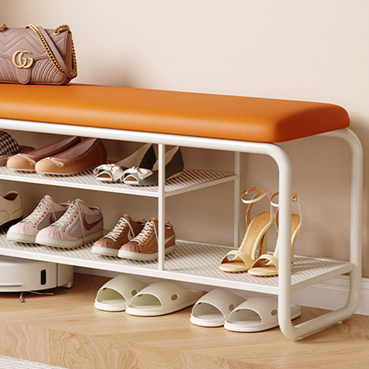 Modern Minimalist Rectangular Metal &amp; Faux Leather Shoe Bench Armless For Entryways