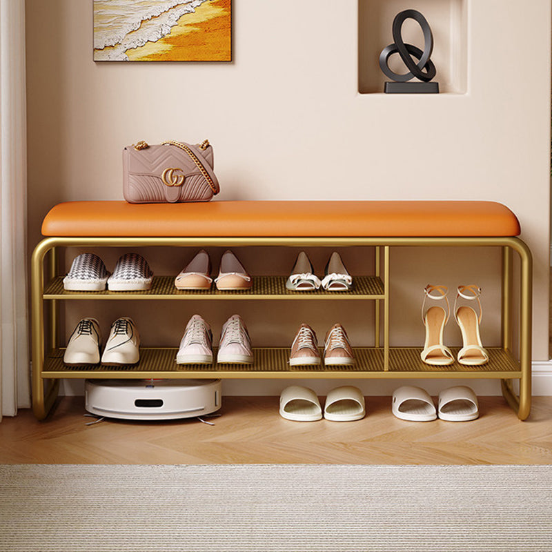 Modern Minimalist Rectangular Metal &amp; Faux Leather Shoe Bench Armless For Entryways