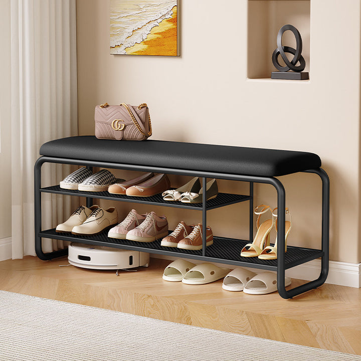 Modern Minimalist Rectangular Metal &amp; Faux Leather Shoe Bench Armless For Entryways
