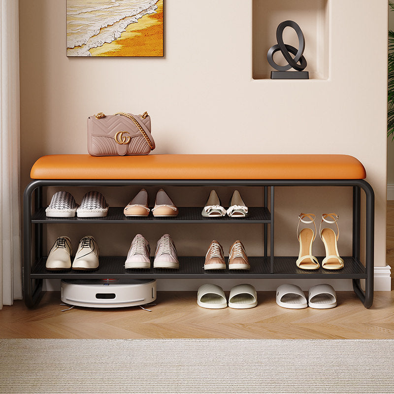 Modern Minimalist Rectangular Metal &amp; Faux Leather Shoe Bench Armless For Entryways