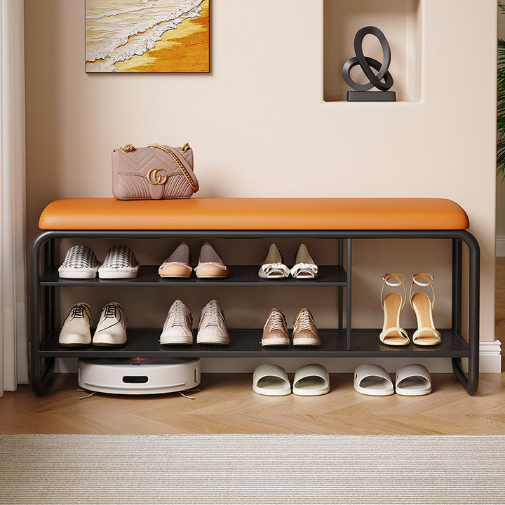 Modern Minimalist Rectangular Metal &amp; Faux Leather Shoe Bench Armless For Entryways