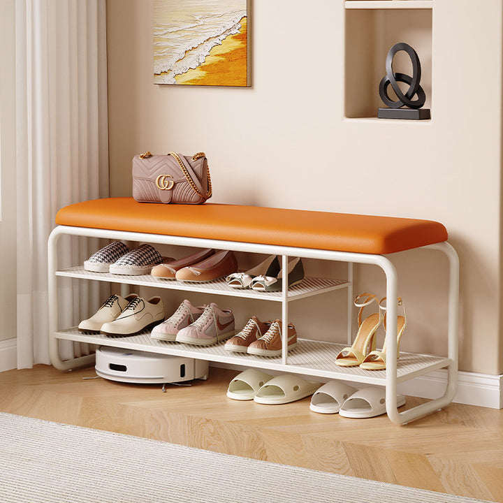 Modern Minimalist Rectangular Metal &amp; Faux Leather Shoe Bench Armless For Entryways