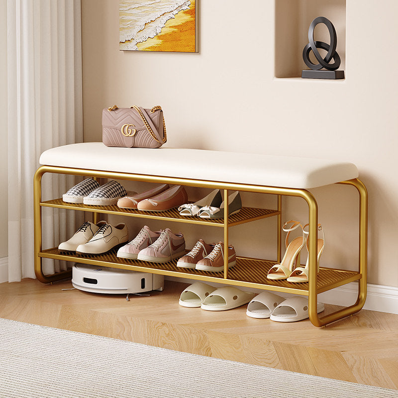 Modern Minimalist Rectangular Metal &amp; Faux Leather Shoe Bench Armless For Entryways