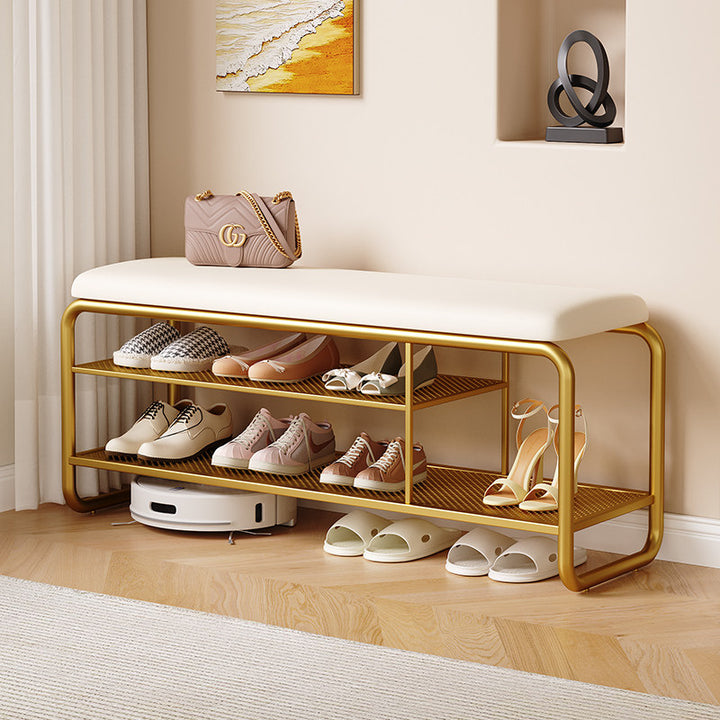 Modern Minimalist Rectangular Metal &amp; Faux Leather Shoe Bench Armless For Entryways