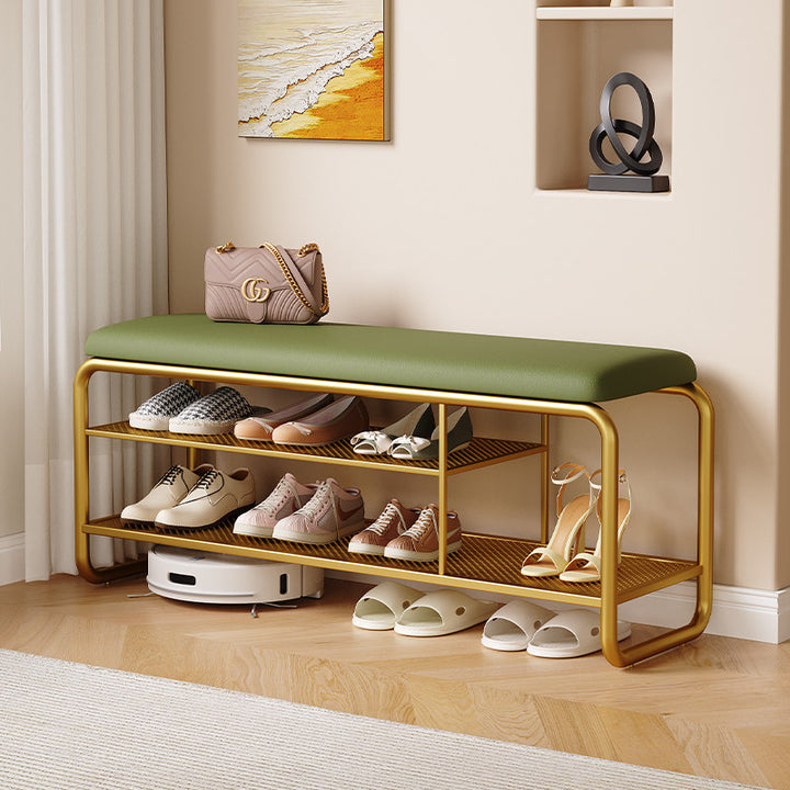 Modern Minimalist Rectangular Metal &amp; Faux Leather Shoe Bench Armless For Entryways