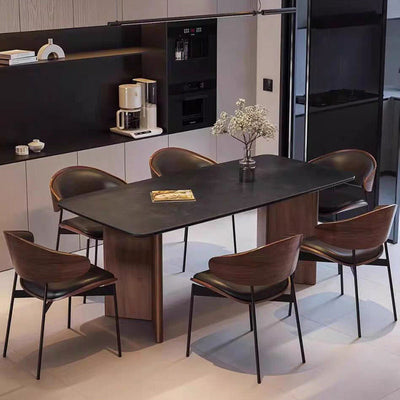Chaise de salle à manger moderne minimaliste avec dossier carré incurvé en cuir synthétique et métal en feuille 