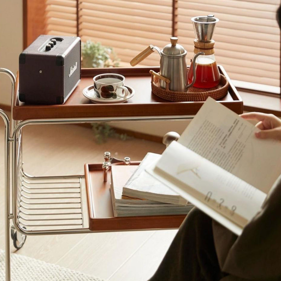 Zeitgenössischer rechteckiger Servierwagen im Retro-Stil aus Kiefernholz und Eisen, 2 Ebenen, für das Esszimmer 