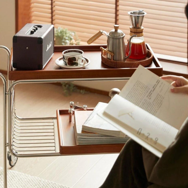 Zeitgenössischer rechteckiger Servierwagen im Retro-Stil aus Kiefernholz und Eisen, 2 Ebenen, für das Esszimmer 