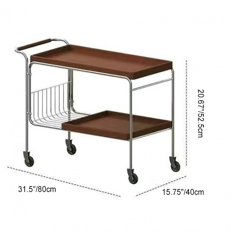 Carro de comedor de madera rectangular retro contemporáneo de acero inoxidable de 2 niveles para comedor 