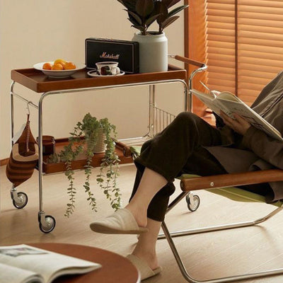 Carro de comedor de madera rectangular retro contemporáneo de acero inoxidable de 2 niveles para comedor 