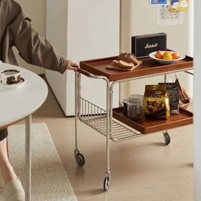 Carro de comedor de madera rectangular retro contemporáneo de acero inoxidable de 2 niveles para comedor 