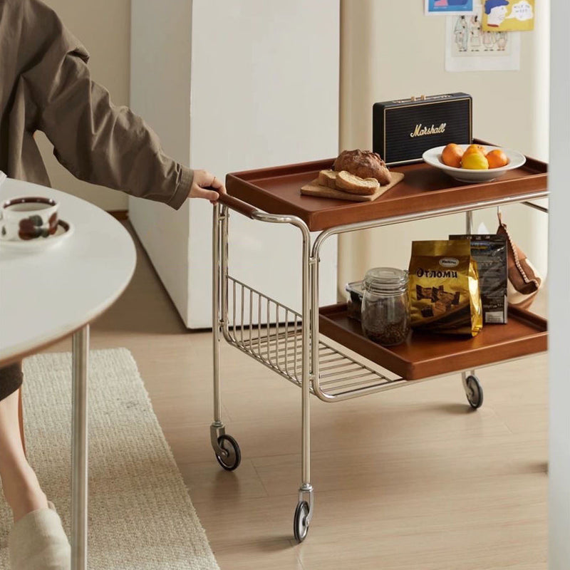 Carro de comedor de madera rectangular retro contemporáneo de acero inoxidable de 2 niveles para comedor 