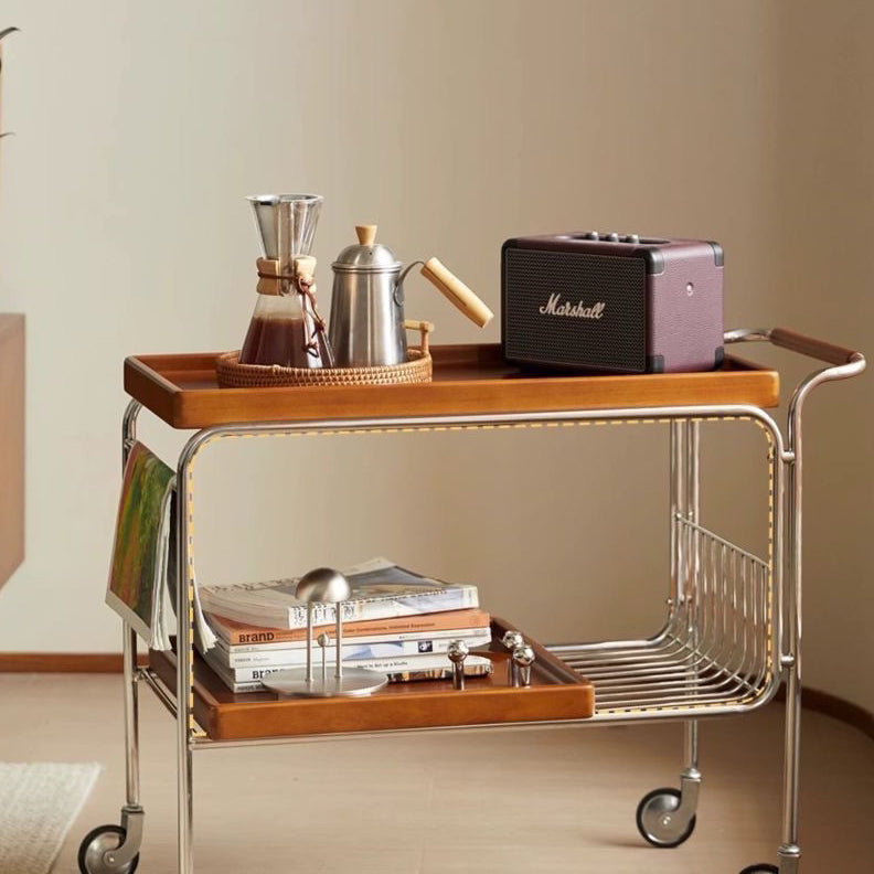 Carro de comedor de madera rectangular retro contemporáneo de acero inoxidable de 2 niveles para comedor 